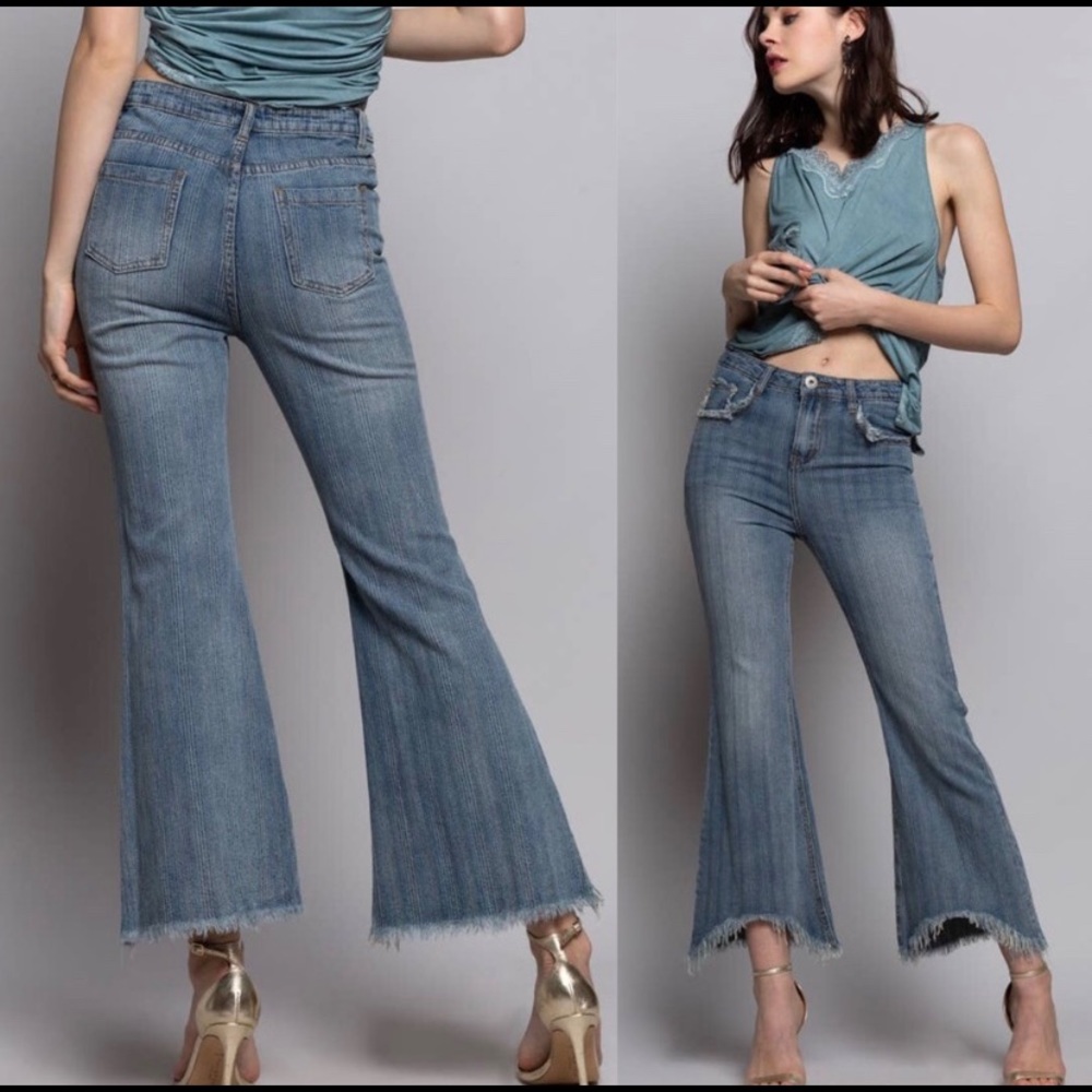 POL Raw Frayed Step Hem Flare Striped Jeans - Picture 3 of 9